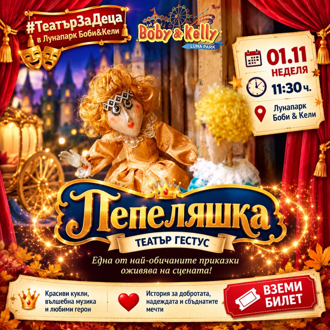 Пепеляшка – куклен театър за деца в София, Театър Гестус, Лунапарк Боби&Кели, 1 ноември 2026 г.